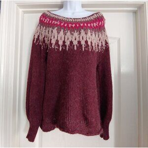 Free People Burgundy Baltic Fair Isle Boho Soft 3D Knit Sweater SP
